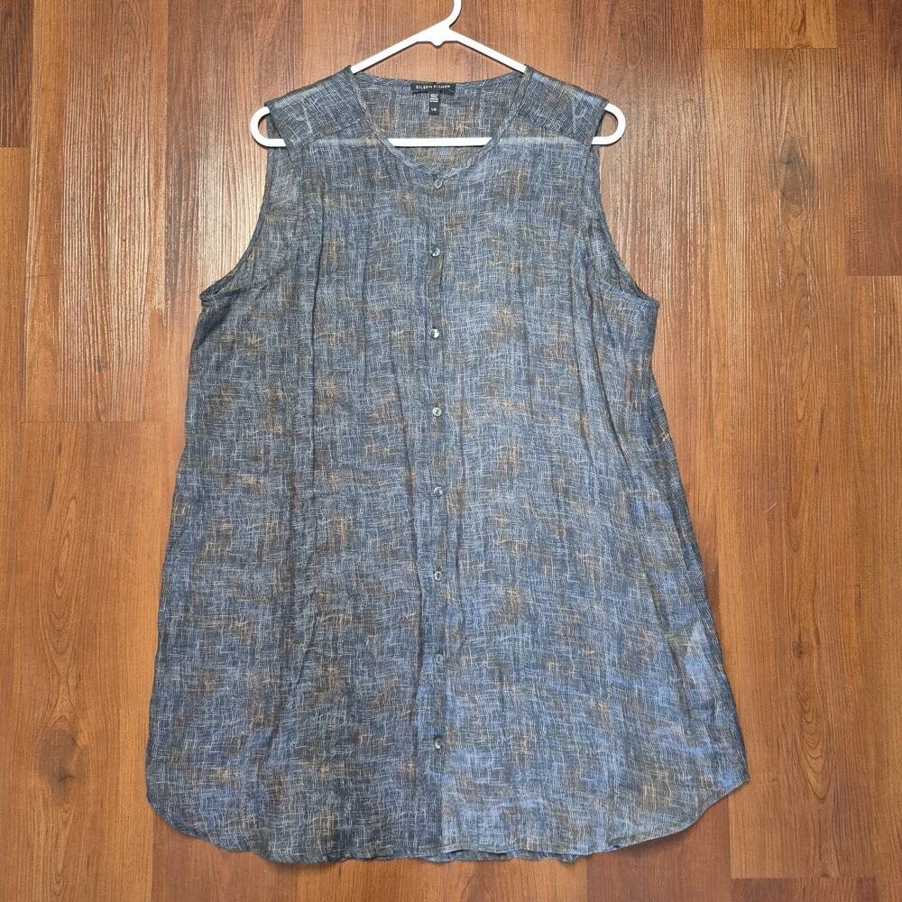 Eileen Fisher 100% Ramie Sleeveless Shirt Wavy Print Button Up Round Neck Tunic